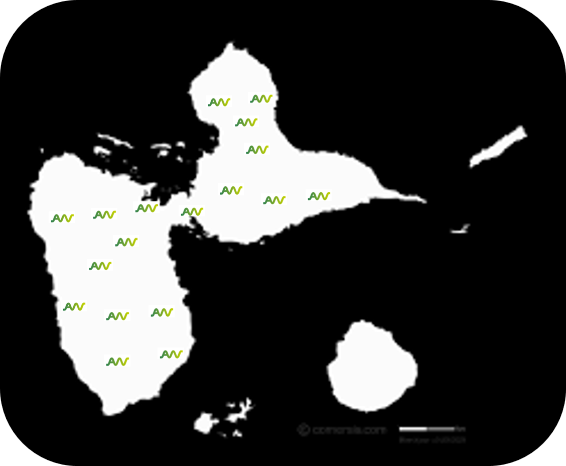 carte de la guadeloupe avec les secteurs d'intervention d'Allowatt